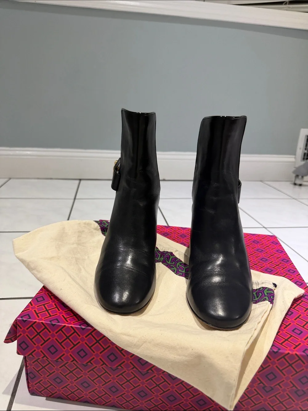 Tory Burch Black Leather Mid-Calf Heeled Boots with Logo Accent